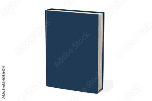 Realistic hardcover book mockup, blank closed navy blue book standing isolated, clean cover, editable template, publishing design, textbook, novel, education, presentation, transparent background