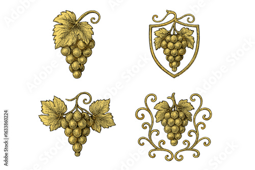Vintage golden grape cluster emblems set. Hand drawn vineyard logo bundle with ornate leaves, scrolls, shield, transparent background. Winery label, wine design, agriculture harvest art illustration