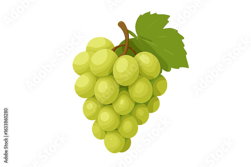 Green grapes bunch 3D vector illustration. Fresh white grape cluster with leaf. Realistic fruit design isolated on transparent background. Healthy food, organic vineyard harvest, natural snack concept