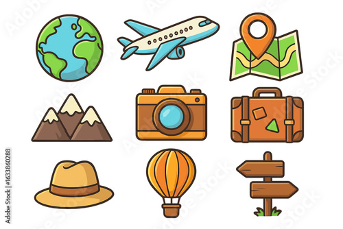 Travel adventure icons set. Cartoon illustration of world map, airplane, travel suitcase, hat, hot air balloon, camera, mountains, navigation sign. Tourism, exploration, vacation concepts.