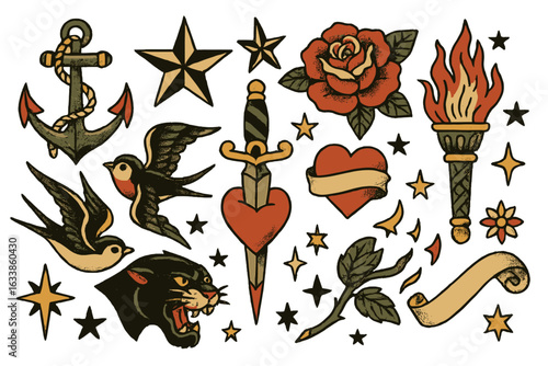 Vintage old school tattoo flash set. Anchor, dagger, heart, roses, swallows, panther head, torch, star, banner, and flower elements. Retro classic American traditional tattoo vector art