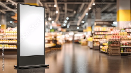 Stand billboard mockup placed inside a supermarket or grocery store