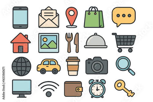 Colorful vector set of web icons for mobile, communication, shopping, delivery, technology and lifestyle. Cartoon style symbols for app, website, UI, services, business, internet, social media