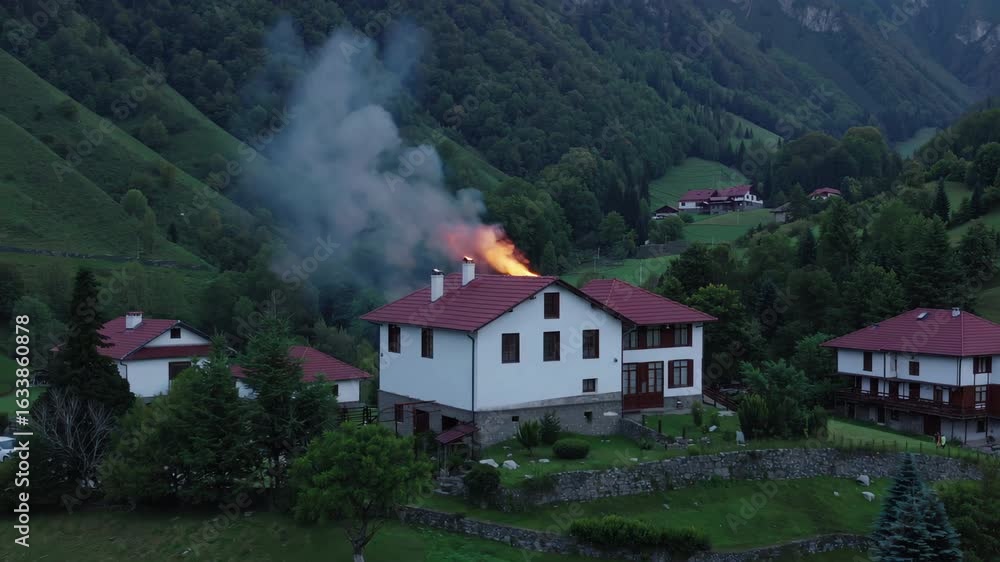 custom made wallpaper toronto digitalHouse with red roof on fire releasing smoke in green valley. Emergency disaster concept