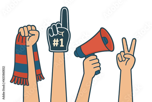 Sports fans hands cheering vector illustration. Raised arms with scarf, foam finger, megaphone and victory hand sign. Supporters celebration, fan enthusiasm, teamwork, stadium event, competition.