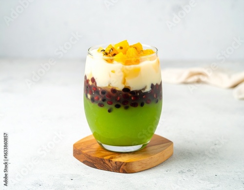 Vietnamese che ba mau (three-color dessert) with crushed ice and coconut milk in glass