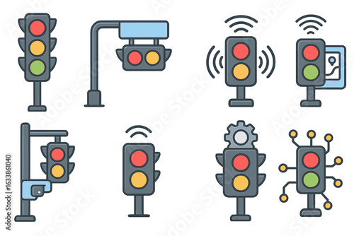 Smart traffic signal vector icons set. Urban road traffic lights and intelligent transportation systems. Modern stoplight technology, wireless sensors, smart city traffic control design elements.