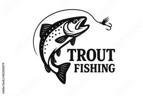 Trout fishing logo vector illustration. Jumping trout fish with fishing rod and hook. Black and white retro style emblem. Sport fishing club badge. Outdoor angling adventure design element.