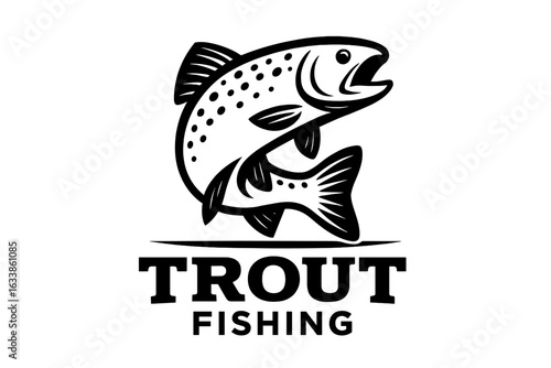 Trout fishing logo vector illustration. Jumping trout fish emblem. Retro vintage angling badge. Fisherman sports club design. Black and white aquatic animal icon. Isolated transparent background