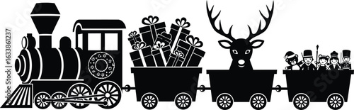 Christmas train carrying presents and a reindeer silhouette