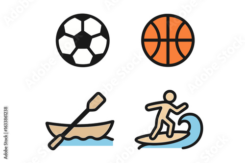 Minimalist sports icon set featuring soccer ball, basketball, rowing boat with paddle, surfer riding wave, cartoon vector illustrations, simple outline, recreational activity, game equipment concepts