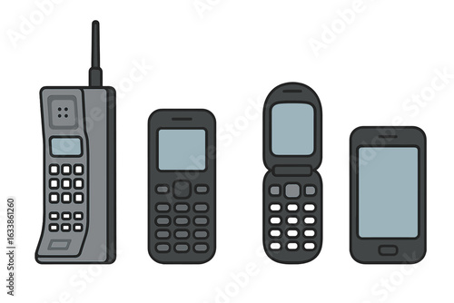 Evolution of Mobile Phones Vector Illustration. Retro Brick Phone, Classic Feature Phone, Flip Phone, Modern Smartphone Icons. Mobile Technology Progression Concept, Isolated Transparent Background.