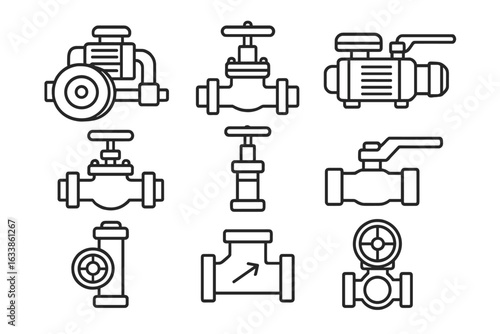 Plumbing pipe valve vector set. Industrial valve icons, water pump, mechanical gate valve, ball valve, check valve, flow control, pipeline equipment, outline illustration, black isolated symbols