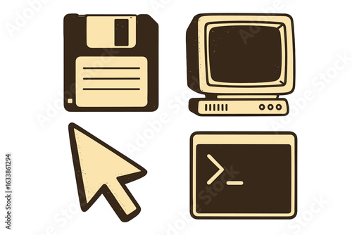 Vintage computer technology icons set, retro floppy disk, CRT monitor, mouse cursor, command prompt, nostalgic 1980s-1990s desktop computing, cartoon vector illustration, old-school electronics