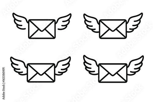Flying mail envelope icons with wings, fast email message vector, express airmail delivery concept, digital communication symbol, black outline style, postal service, transparent background