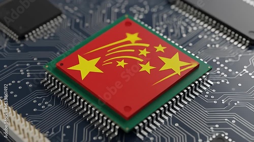 Computer chip with stars and lines on a circuit board, macro shot