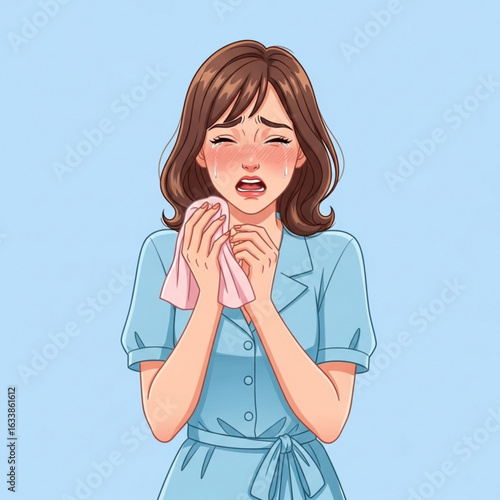 Illustration of a sad woman crying and wiping tears with a tissue