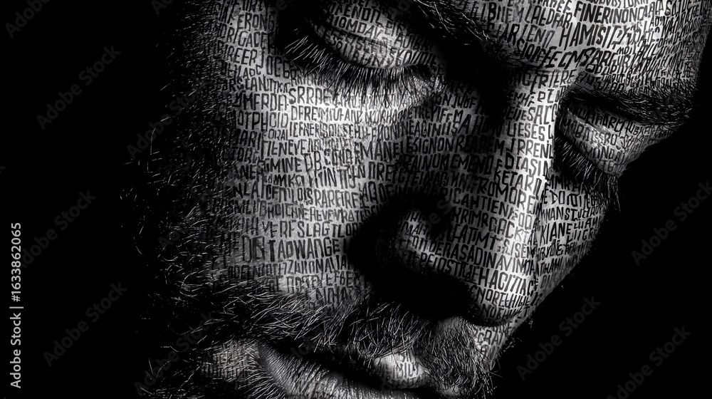 Close-up of a man's face with text art depicting various words and phrases in black and white style, highlighting emotion and depth in an artistic representation