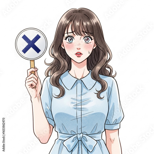 Vector art of anime style girl with a cross mark isolated on white background
