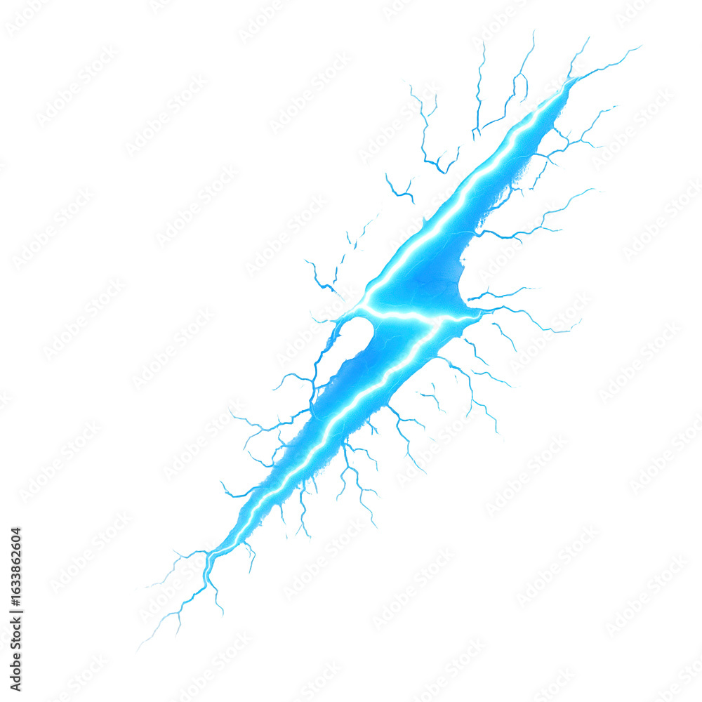 Obraz premium Dynamic Blue Lightning Bolt Effect with Jagged Branches, Symbolizing Energy and Power