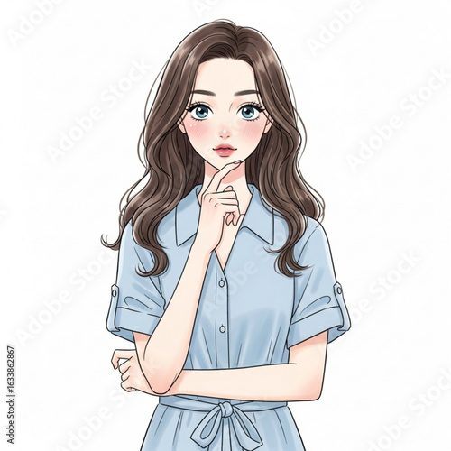 Vector art of cartoon woman in blue dress is thinking isolated on white background