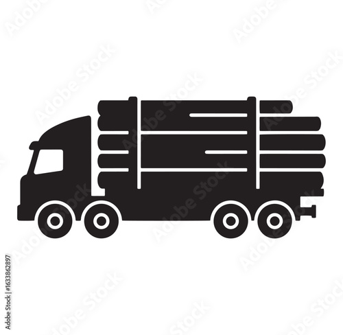 Black silhouette icon of a log truck carrying a load of timber logs for industry