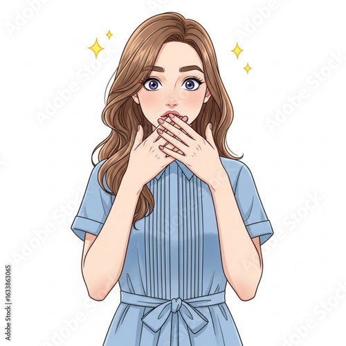 Vector art of astonished young woman covering her mouth with hands isolated on white background
