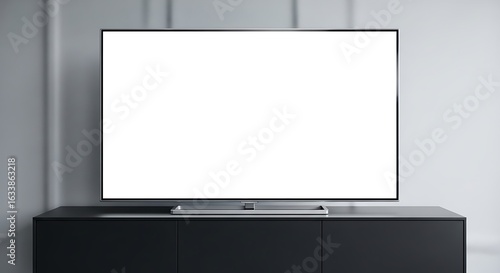 Sleek television mockup with blank display on modern console table for advertising use