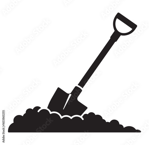 Black silhouette of a shovel in soil depicting gardening and construction activities