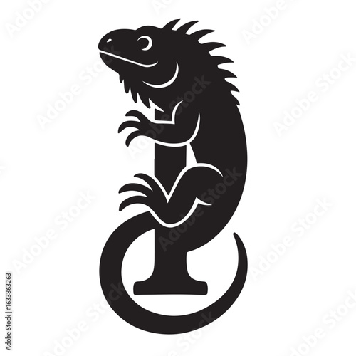 A silhouette of an iguana twisted to form the letter I, cartoon style, black vector