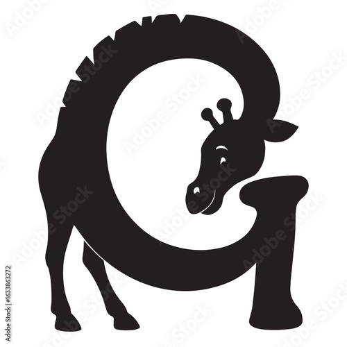 A silhouette of a giraffe bending into the letter G, cartoon style, black vector