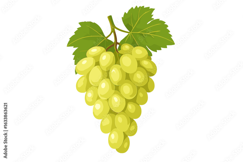 Obraz premium Realistic 3D Bunch of White Grapes with Green Leaves, Isolated on Transparent Background, Fresh Fruit Food Illustration, Organic Vineyard Produce, Healthy Snack, Harvest, Nature Concept