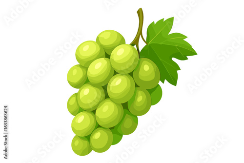 Realistic 3D Bunch of Green Grapes Vector Illustration, Fresh White Grape Cluster with Leaf, Healthy Fruit, Vineyard Harvest, Transparent Background, Natural Food, Organic Snack, Isolated Artwork