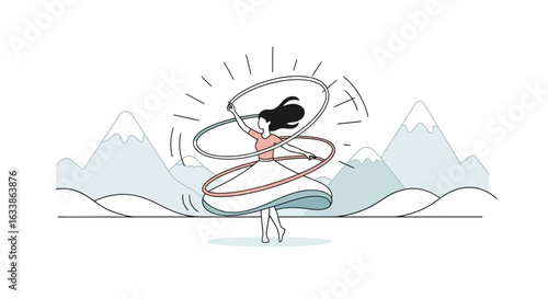 A Woman Is Playing Hula Hoops With Mountains In The Background Graphic Art