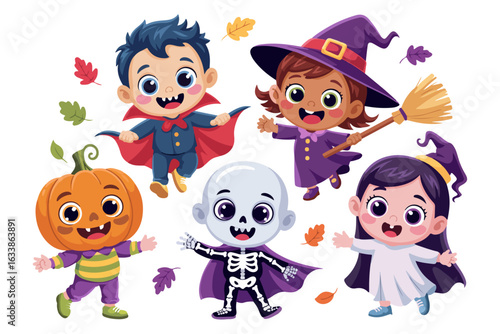 Cute halloween kids in costumes vector illustration, pumpkin boy, vampire, witch, skeleton, ghost
