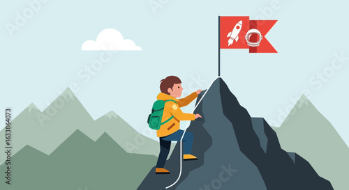 Achieving Ambitions Reaching The Top Person Climbs Mountain Vector Illustration