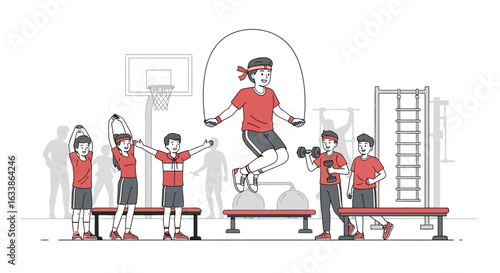 Active People Exercising in Gym Doing Stretching and Lifting Weights