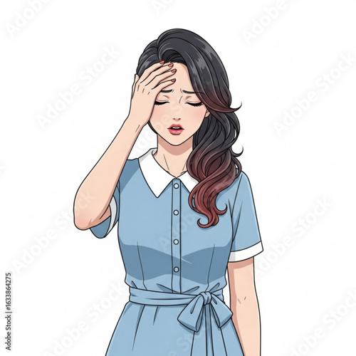 Vector art of cartoon woman is holding her head because of headache isolated on white background