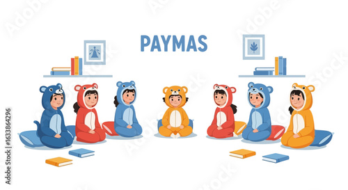 Adorable Animal Pajama Party A Group Of Children Enjoy Themselves Having Quality Time Together