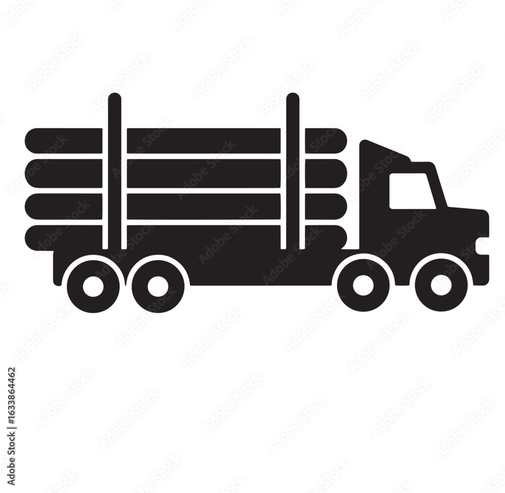 Fototapeta premium Black silhouette of a loaded timber truck transporting logs for construction and industry purposes.