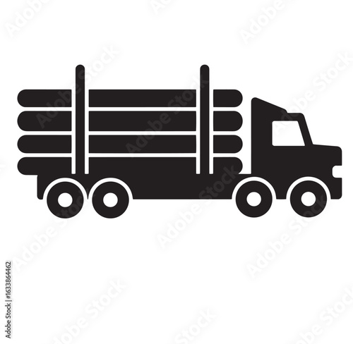 Black silhouette of a loaded timber truck transporting logs for construction and industry purposes.