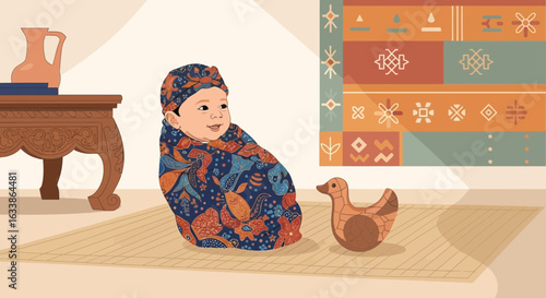Adorable Baby In Traditional Indonesian Batik Swaddling Clothes And Wooden Duck Toy