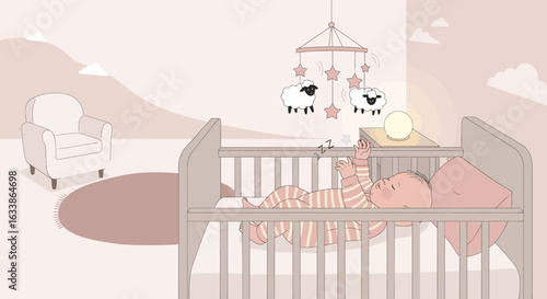 Adorable Illustration Of Newborn Peacefully Sleeping In Crib At Night Time