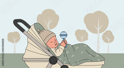 Adorable Infant Napping Peacefully in Stroller During Relaxing Stroll Through The Park