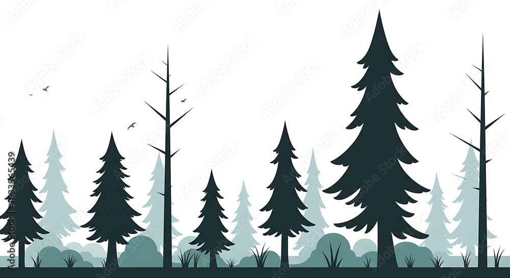 Obraz premium Vector illustration of a tranquil pine forest silhouette with evergreen trees and bushes on a white background