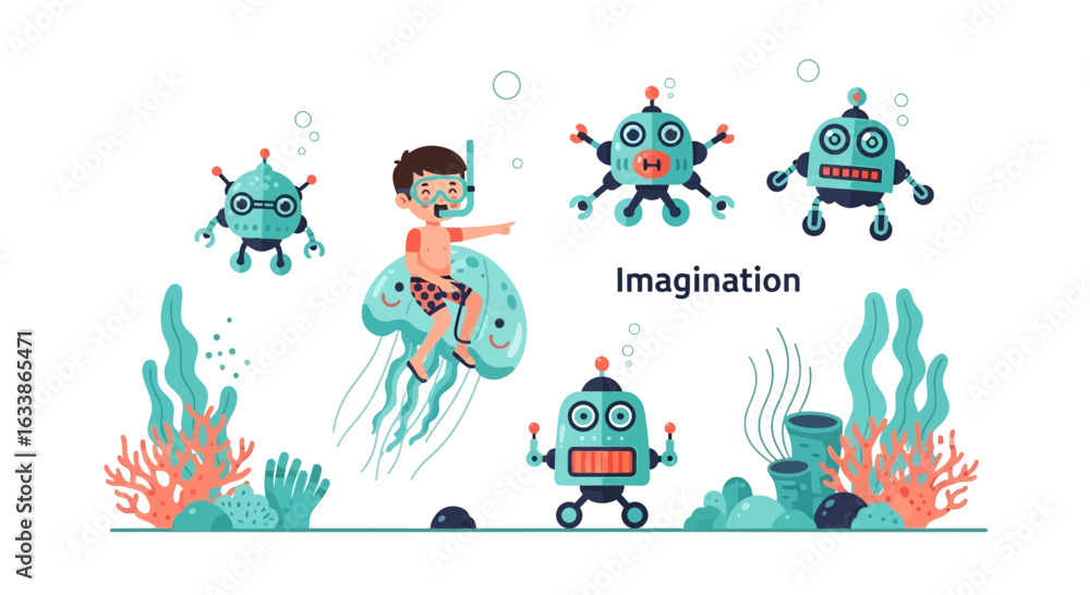 Obraz premium Adventure Boy Riding Jellyfish With Cute Robots In An Underwater World