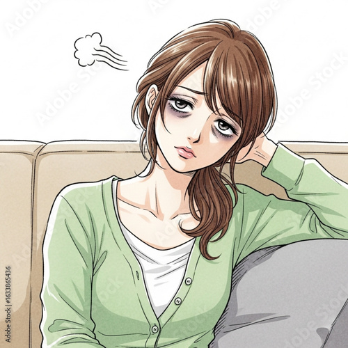 Vector art of tired woman with dark circles under her eyes is resting on the couch