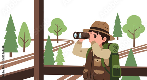 Adventure Awaits: Young Explorer Gazing Through Binoculars in Scenic Landscape
