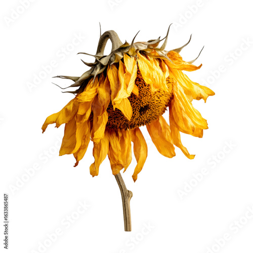 Wilting sunflower head with drooping yellow petals and stem isolated on transparent background