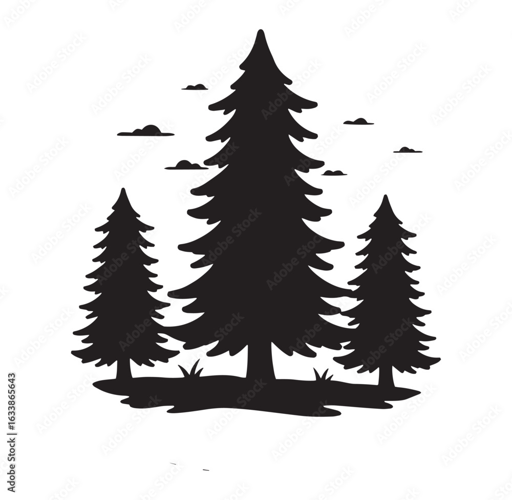 Obraz premium Silhouette illustration featuring evergreen pine trees clouds and grass against a clean white background